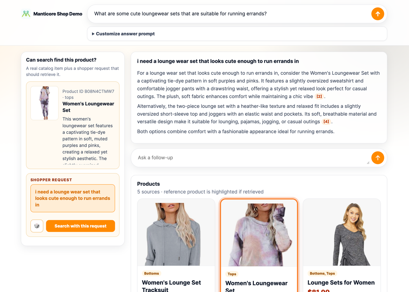 Conversational Search shows an answer and its source products in Manticore Apparel Shop