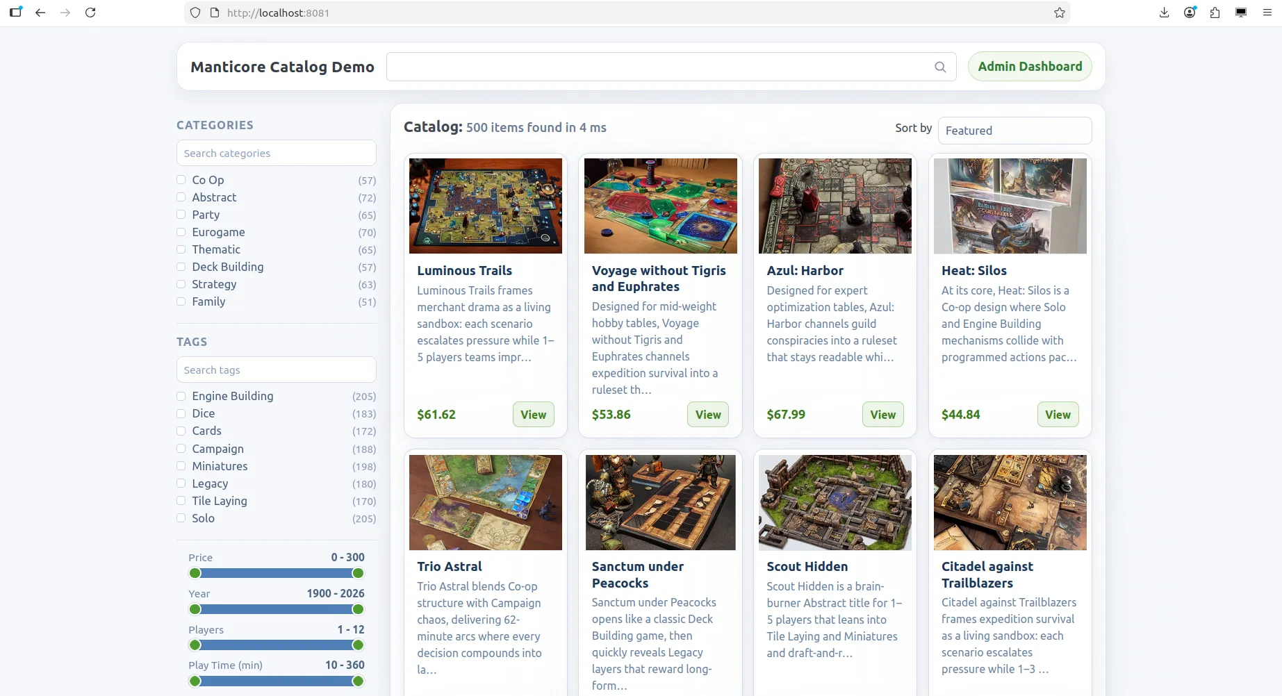 Catalog search results with filters and facets
