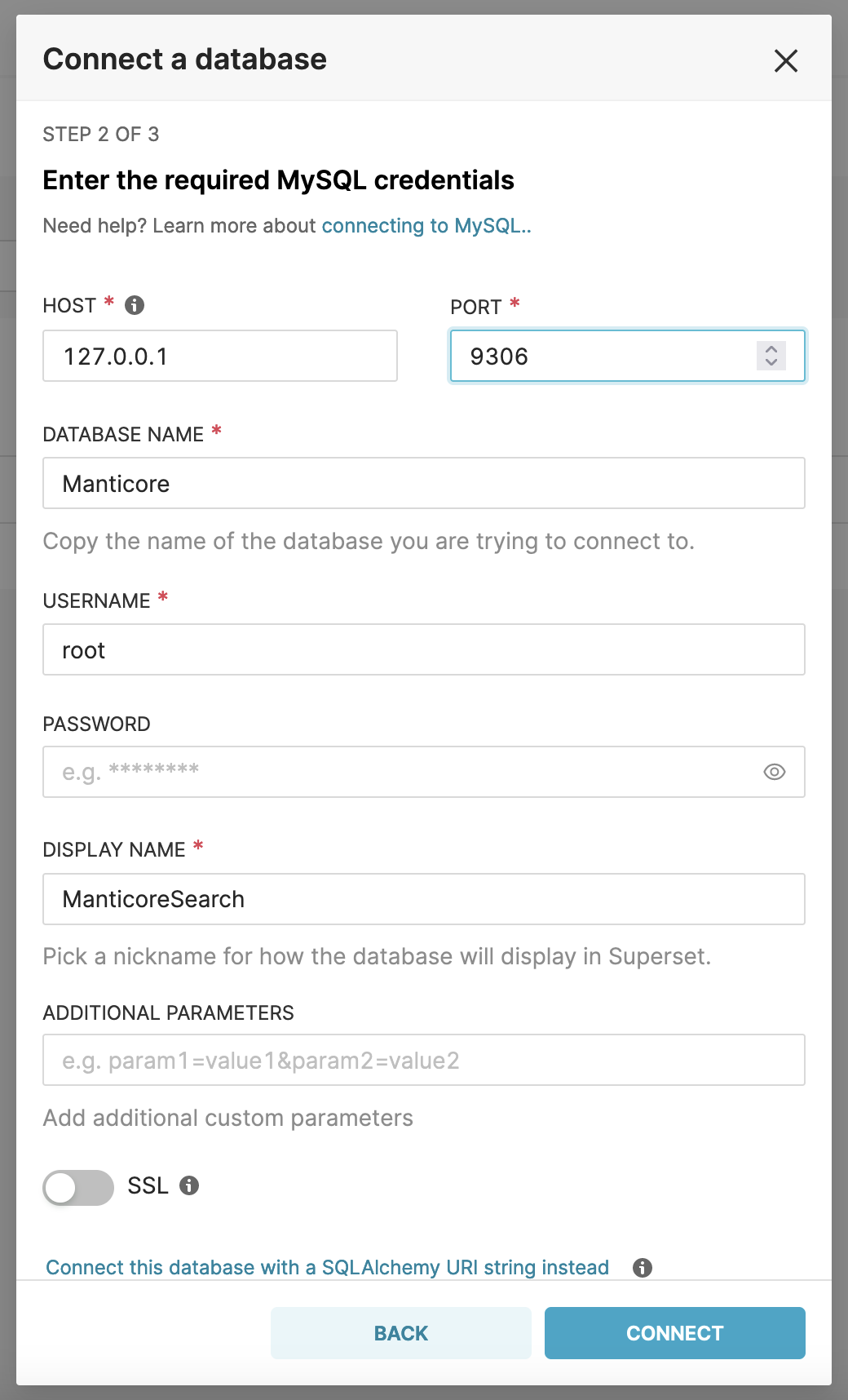 Connect database settings