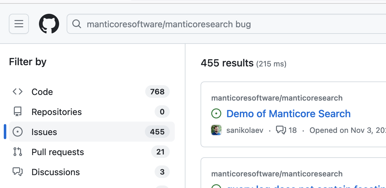 Results of search from the GitHub interface