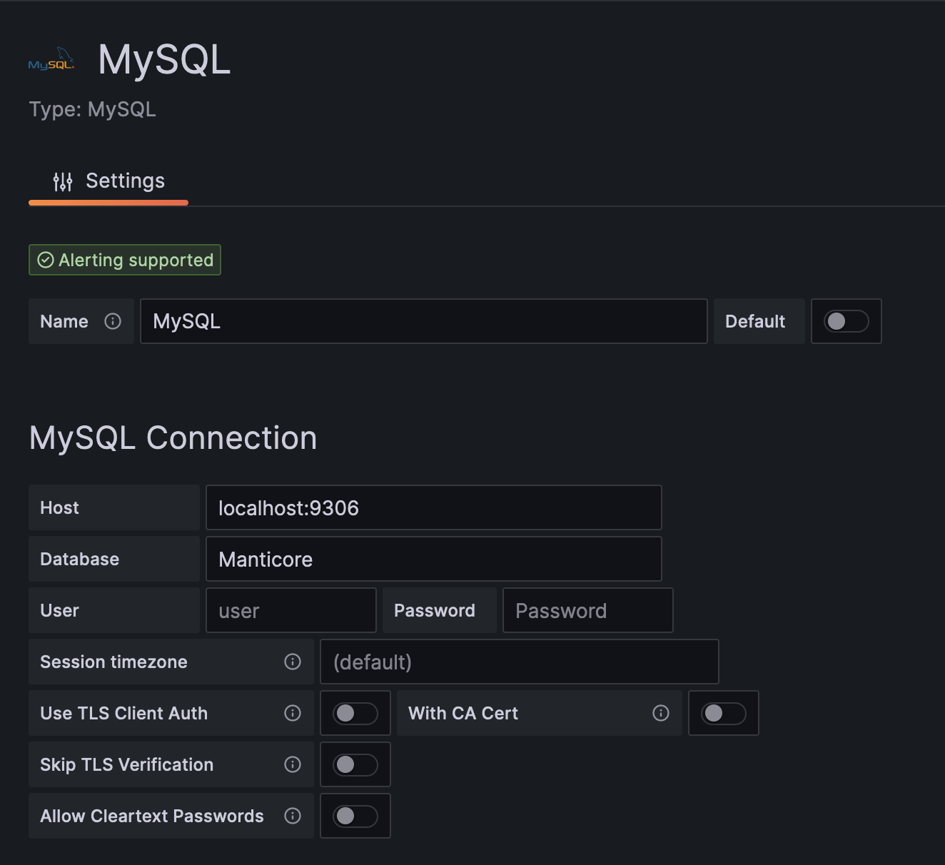 MySQL connection settings