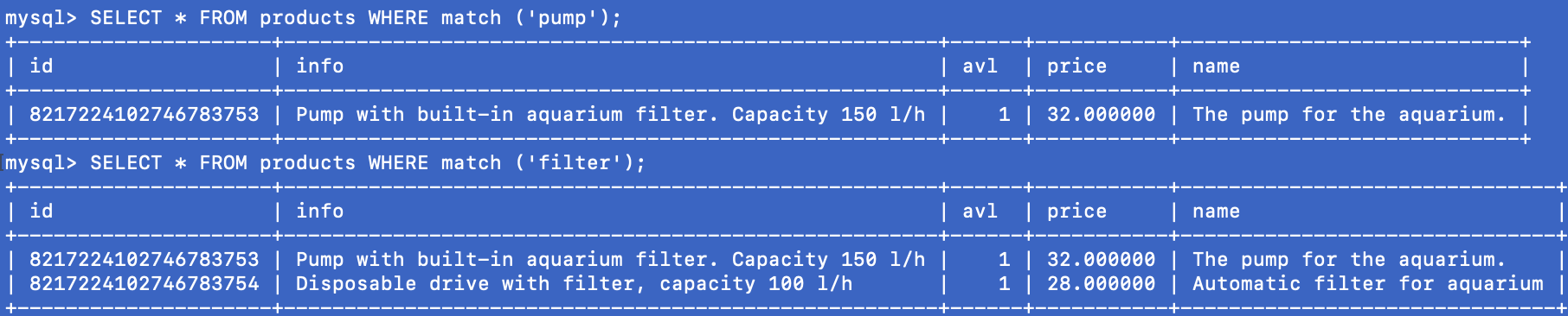 Query result 'pump' and 'filter