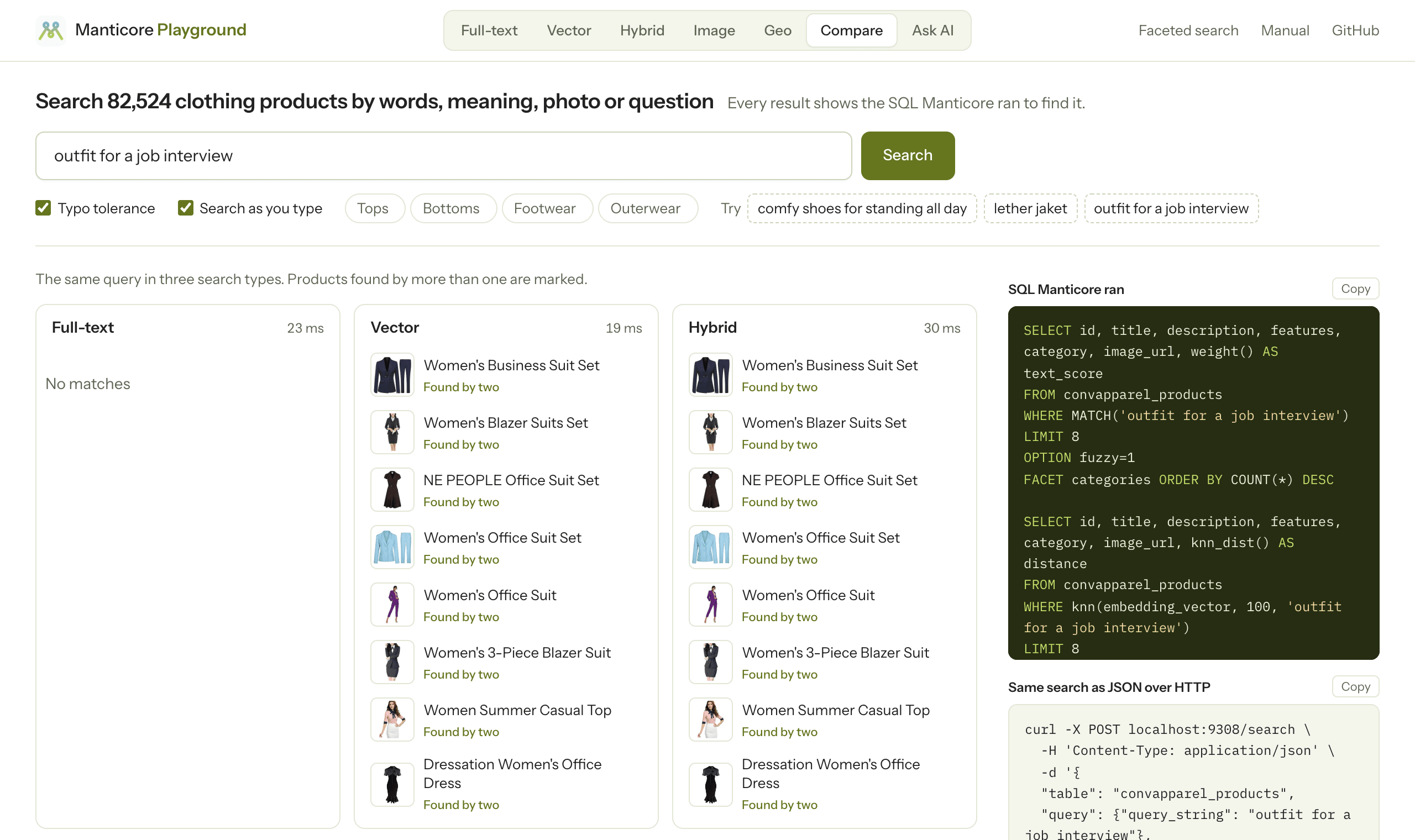 Comparing outfit for a job interview: full-text finds nothing, while vector and hybrid find business outfits