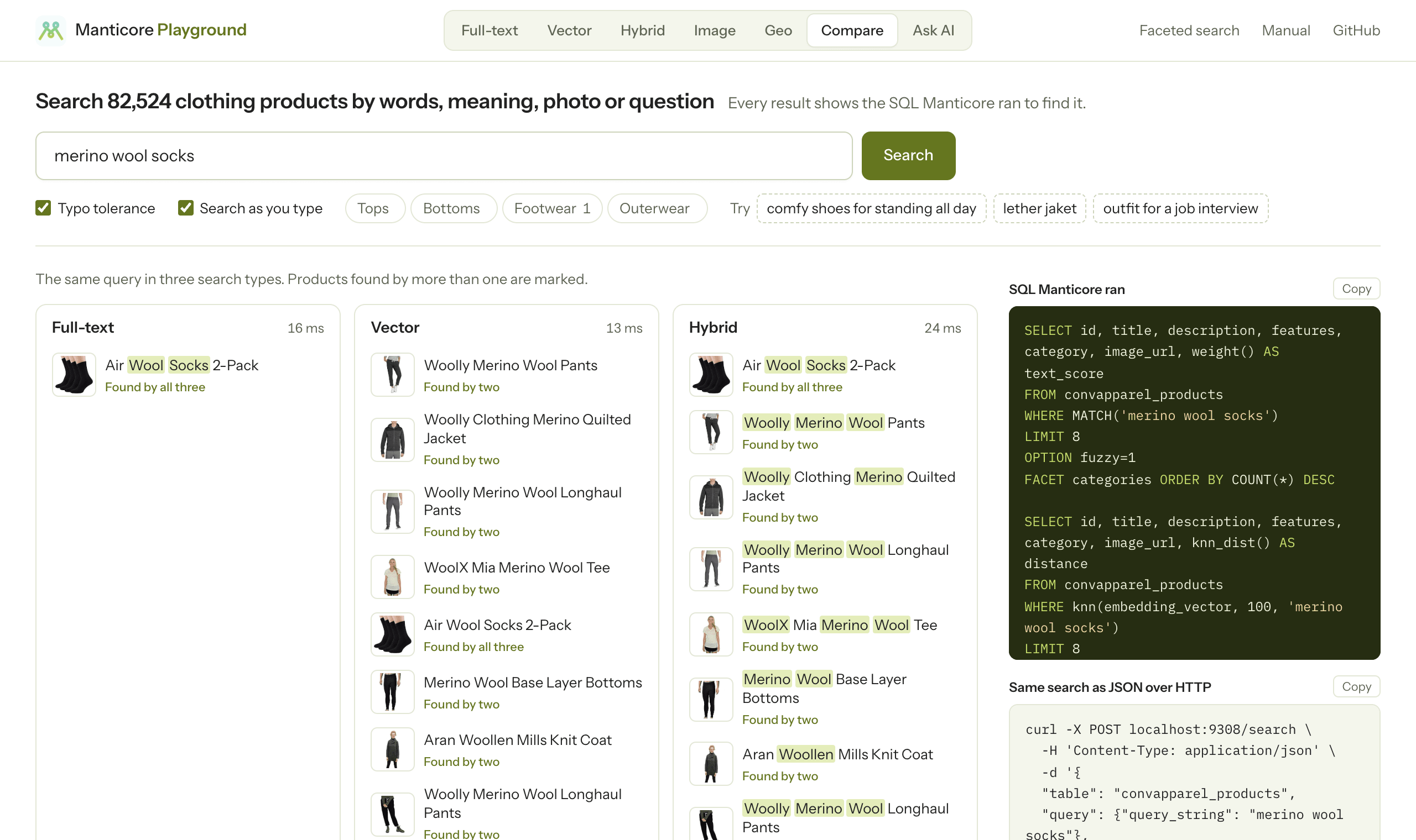 Comparing merino wool socks: full-text finds socks, vector ranks merino wool clothing above them, and hybrid puts socks first