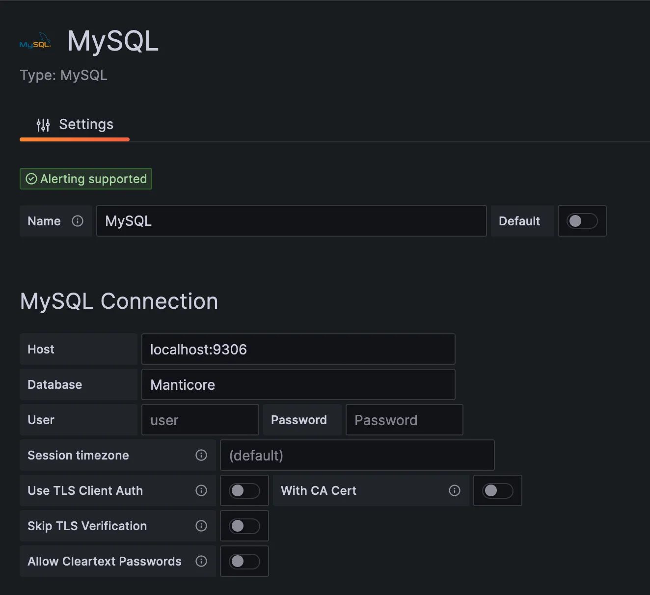 MySQL कनेक्शन सेटिंग्स