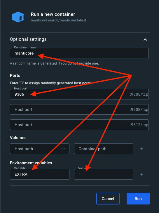 Settings and run for Manticore docker image