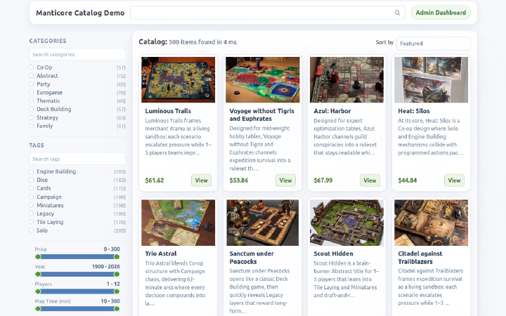 Board-game catalog search with product results, category and tag facets, and range filters
