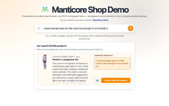Manticore Shop conversational product search with a shopper request and matching product