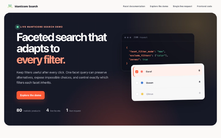 Faceted storefront with filters, products, and Manticore Search request details