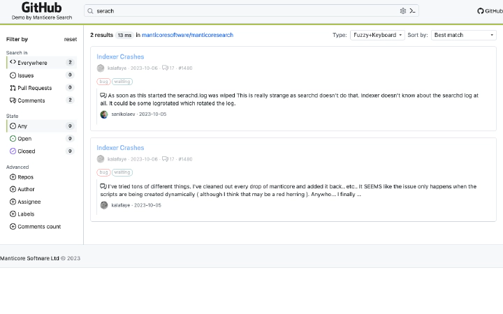 Fuzzy GitHub issue search returning matches for the misspelled query serach
