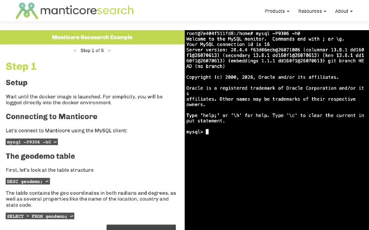 Interactive Manticore geo search course with lesson steps and a live SQL terminal