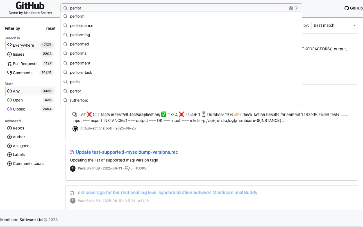 GitHub issue search showing autocomplete suggestions for a typed query prefix