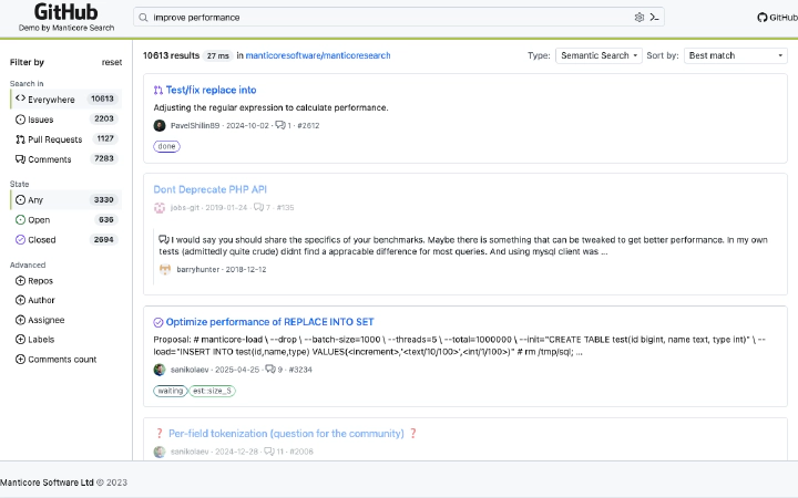 Semantic GitHub issue search for improve performance with related results