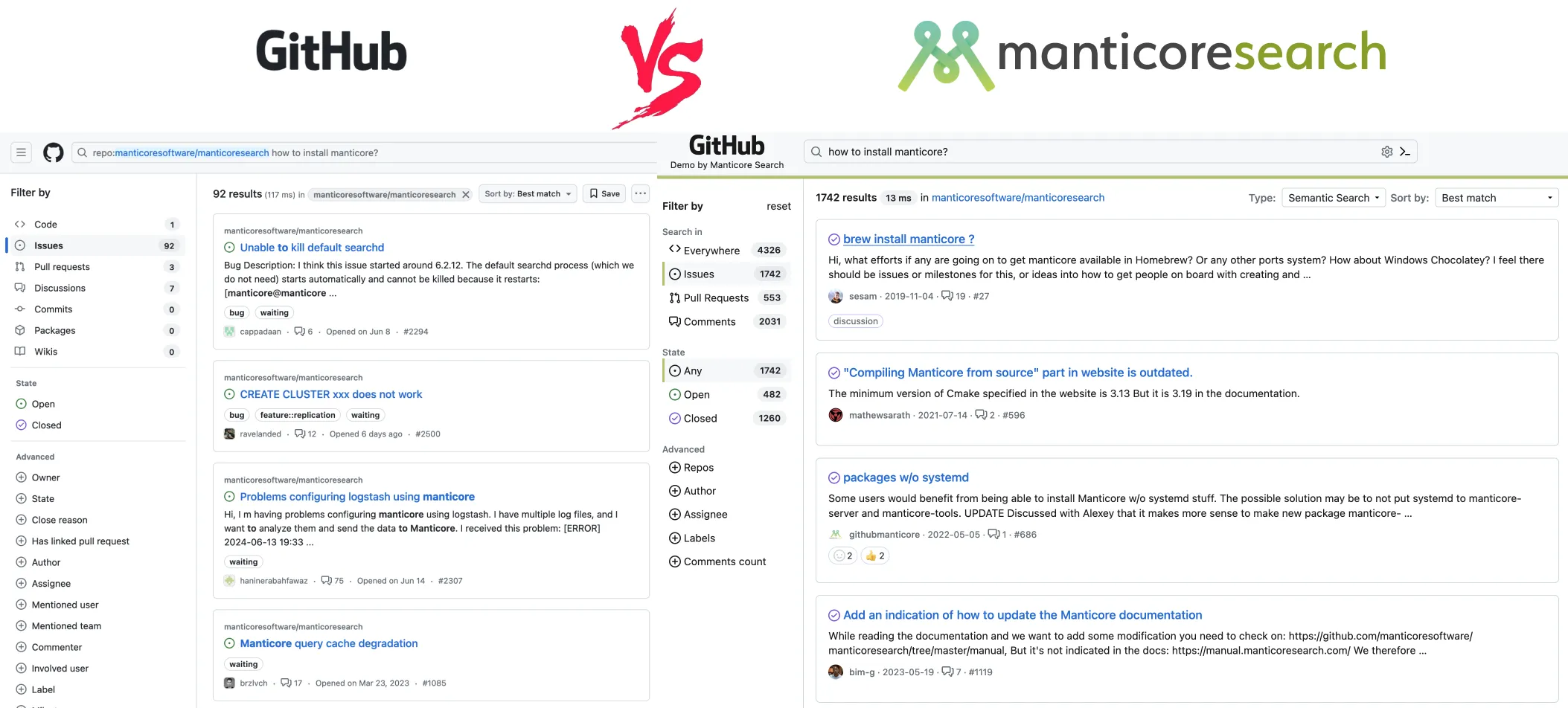 Поиск на GitHub против семантического поиска Manticore на GitHub