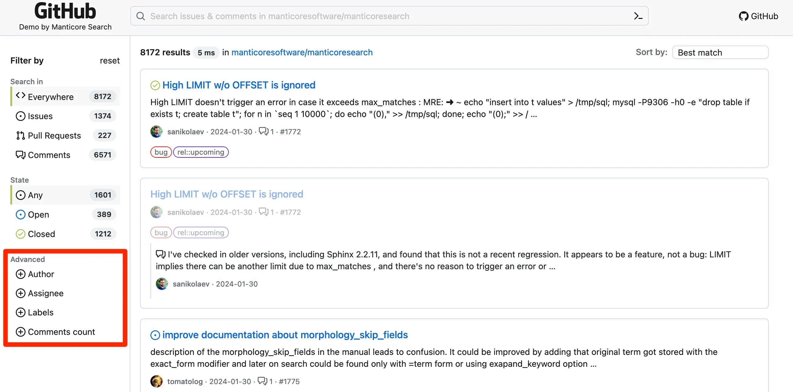 Расширенная фильтрация и весь интерфейс поиска проблем GitHub с демо-проектом Manticore Search
