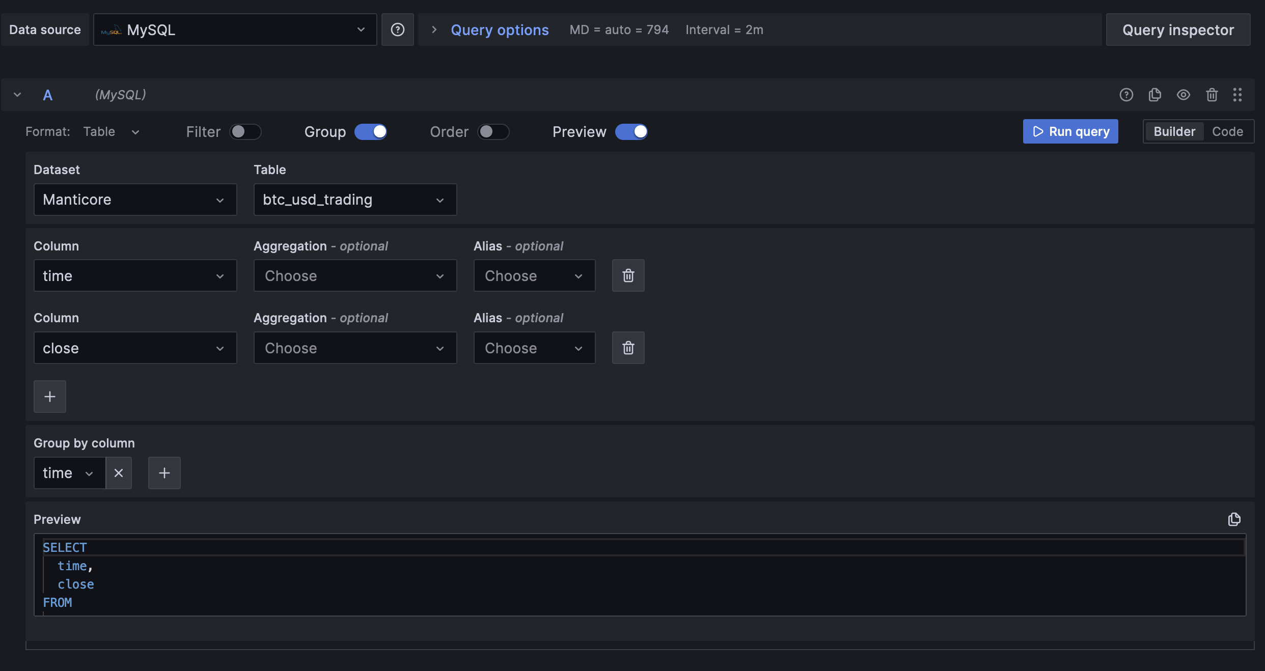 Chart query settings