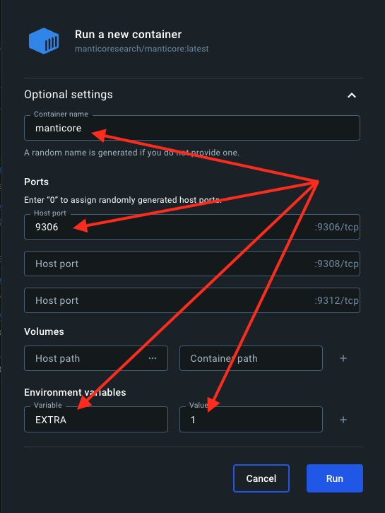 Settings and run for Manticore docker image