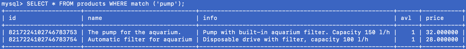 Результат после обновления wordforms "select * ... mathc('pump')"