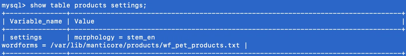 Show table products settings result