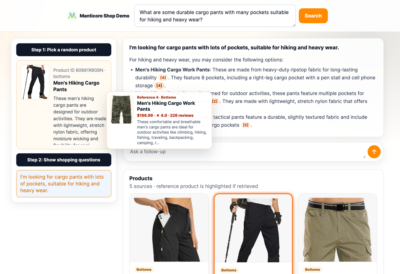 Conversational Search shows an answer and its source products in Manticore Apparel Shop