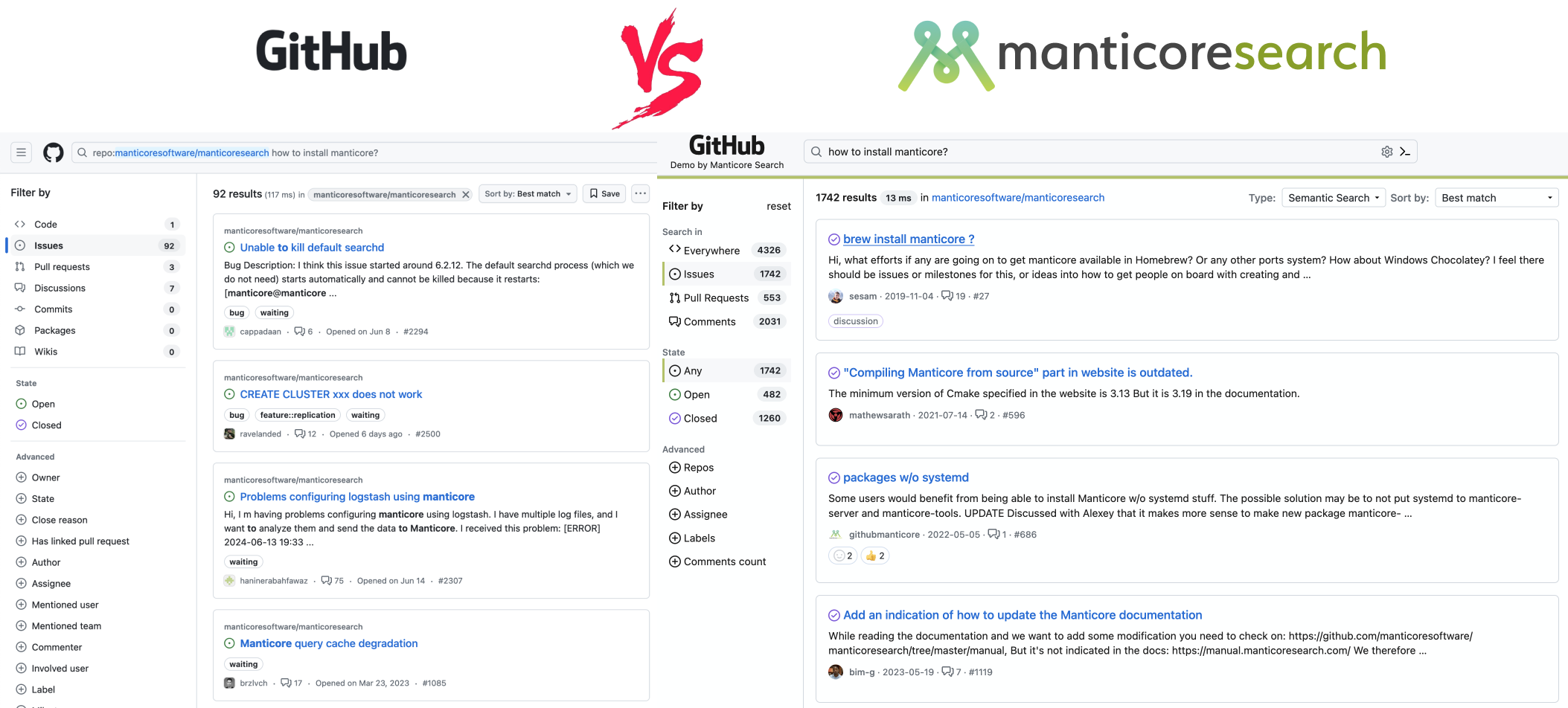 GitHub 搜索 vs Manticore 语义搜索 on GitHub