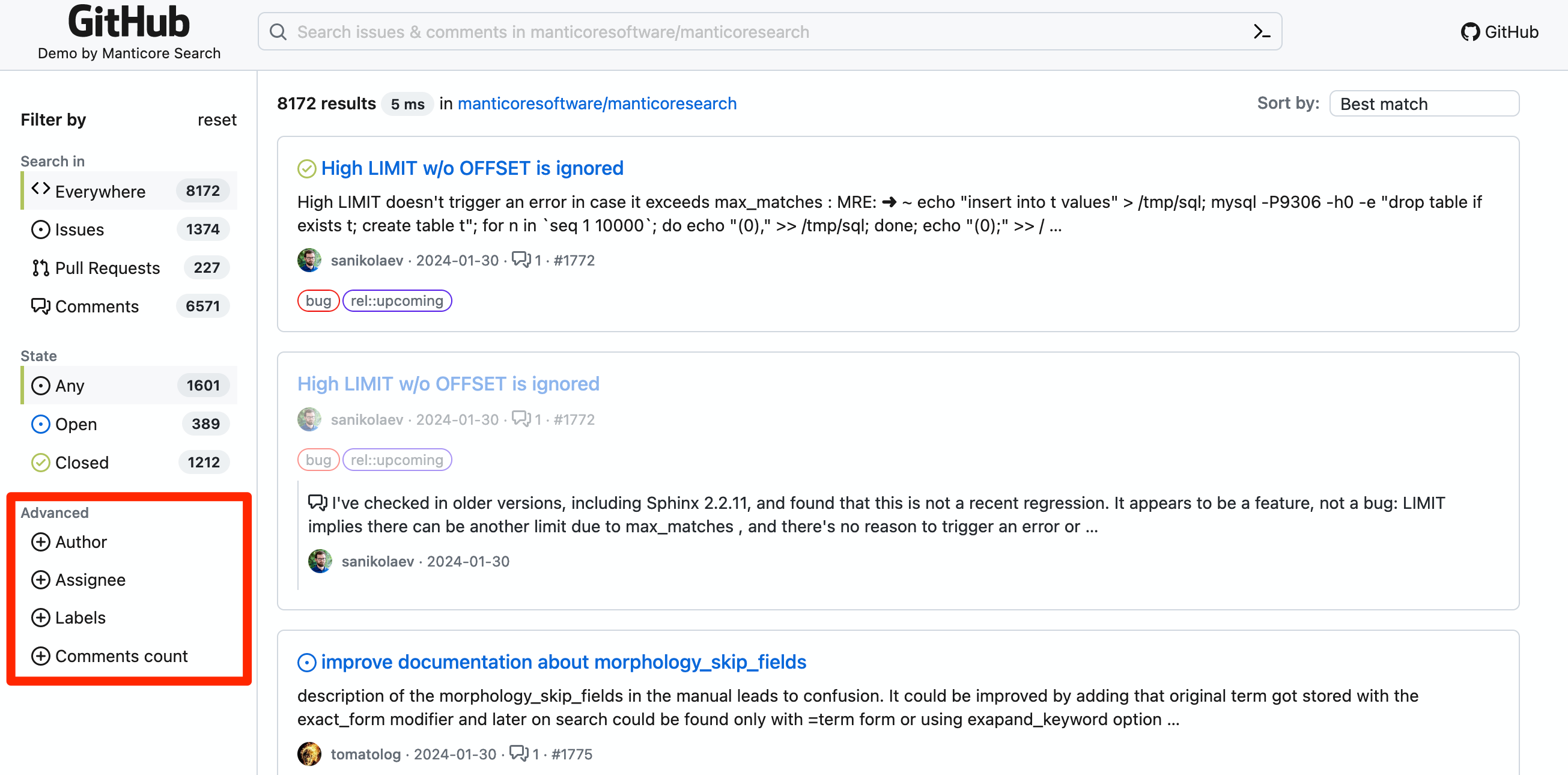 GitHub 问题搜索的高级过滤和整个界面与 Manticore Search 演示项目