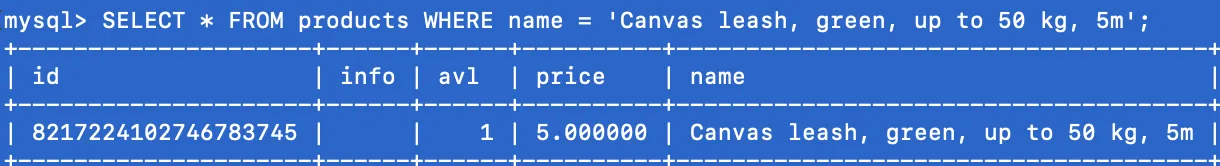 Result of select * from products where name&hellip;