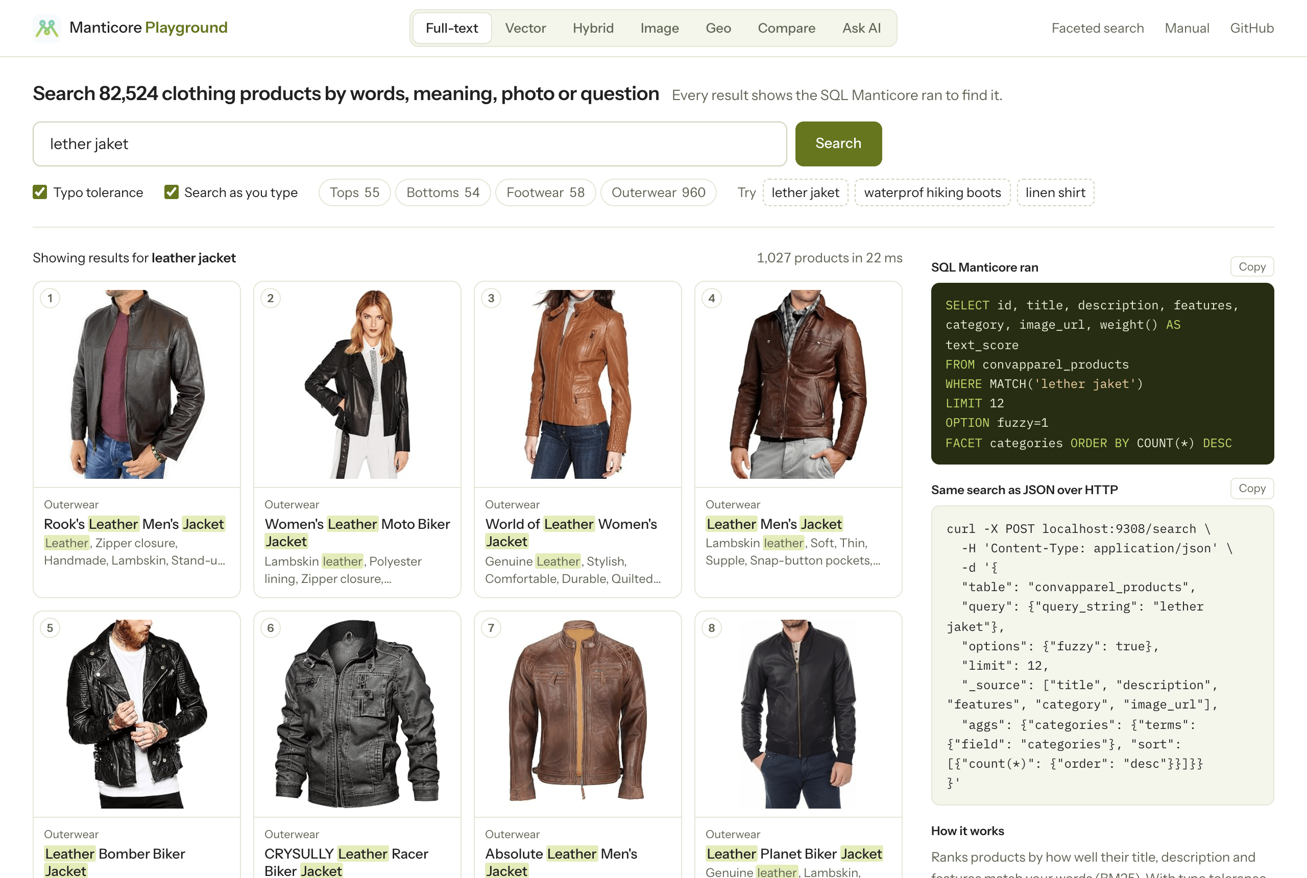 搜索 lether jaket 时找到皮夹克,并显示分类数量、SQL 和 curl 命令